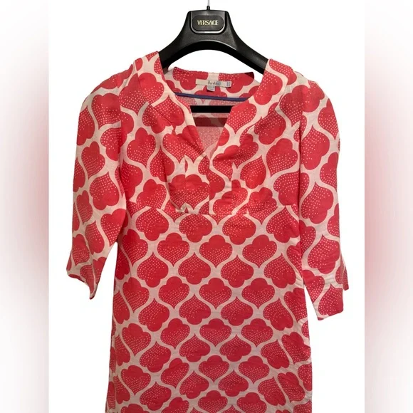 Boden EUC Size 2P Pretty Coral & White 3/4 Length Linen Mini Dress (0554) - Picture 6 of 14